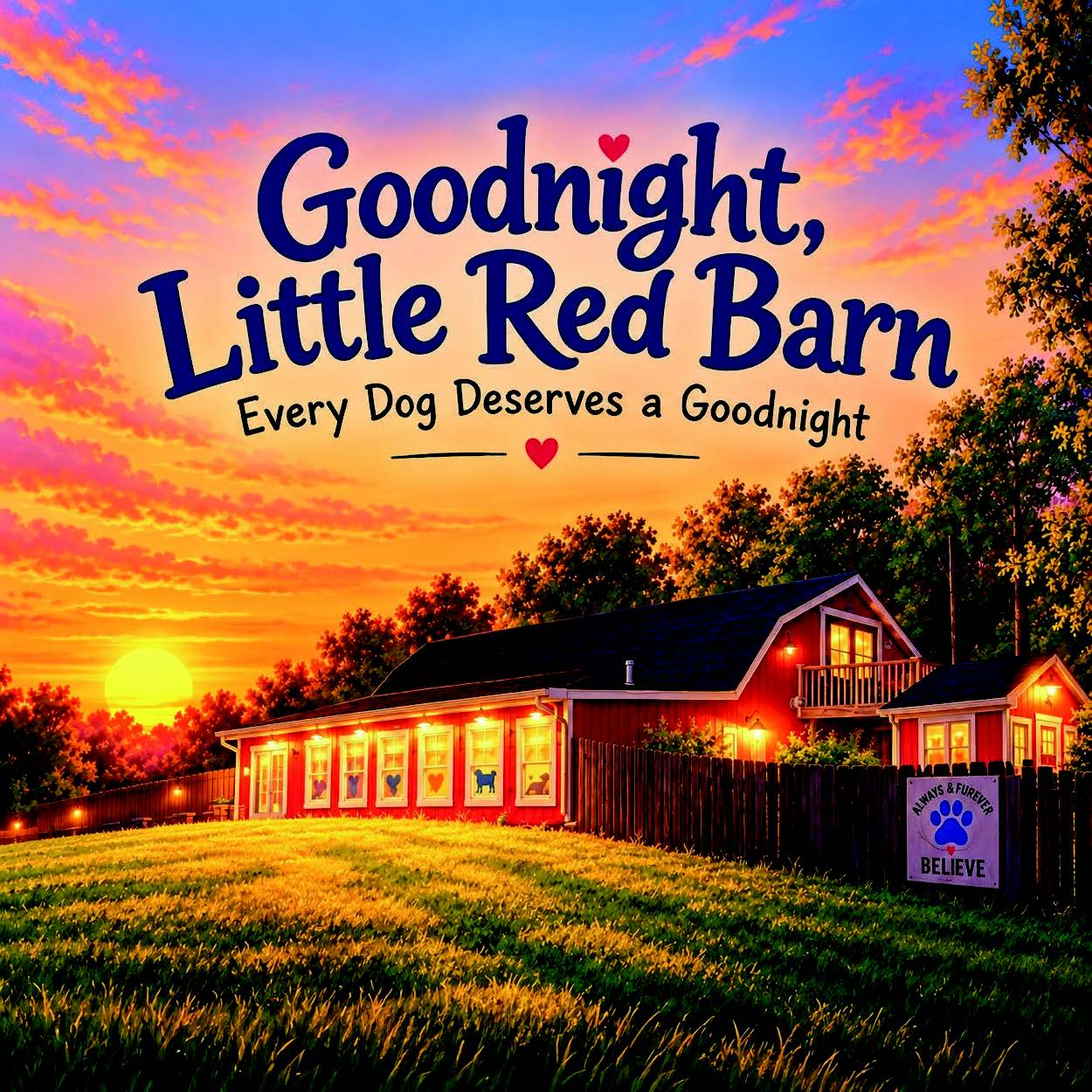 Goodnight, Little Red Barn book cover showing the sanctuary at sunset