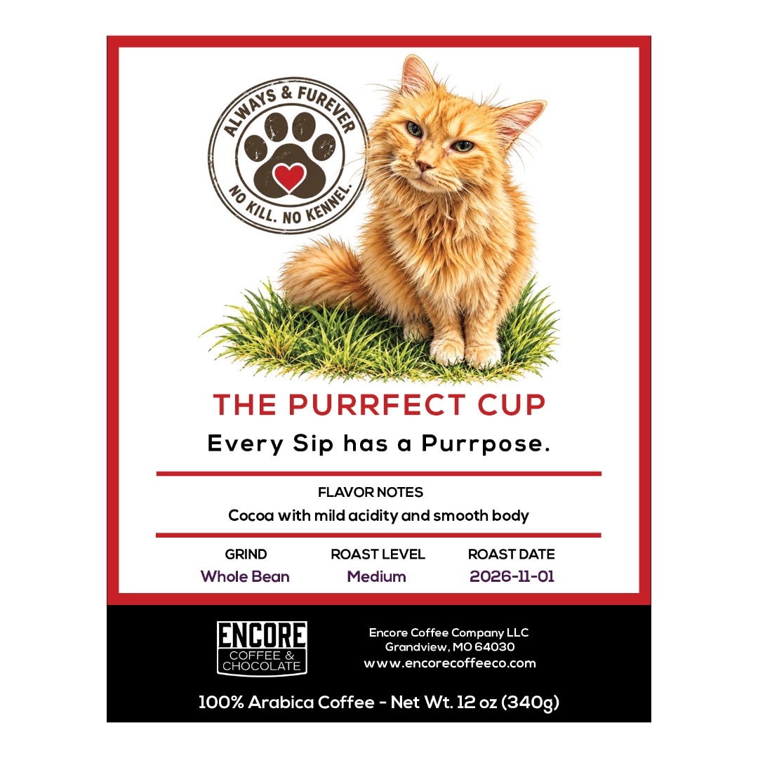 The Purrfect Cup coffee label featuring an orange cat