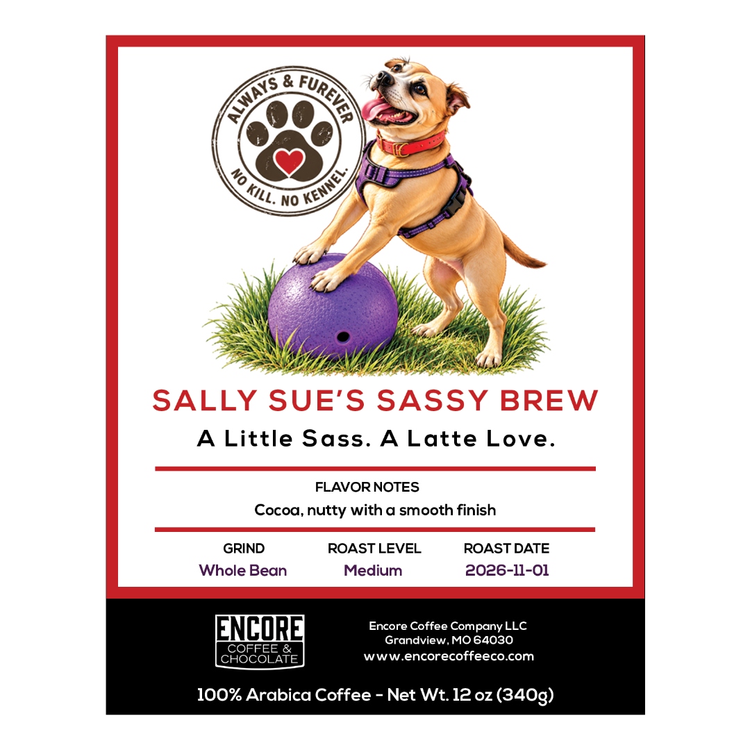 Sally Sue’s Sassy Brew coffee label featuring Sally Sue with her purple ball