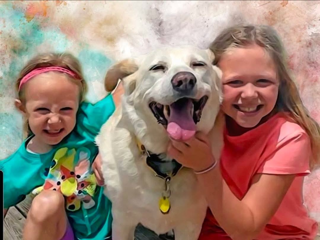Custom watercolor-style portrait of two children hugging a happy dog