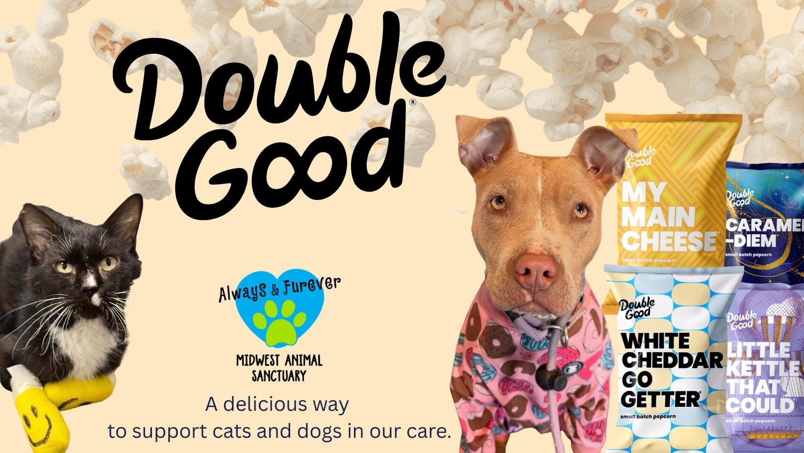 Double Good popcorn with Always & Furever cats and dogs